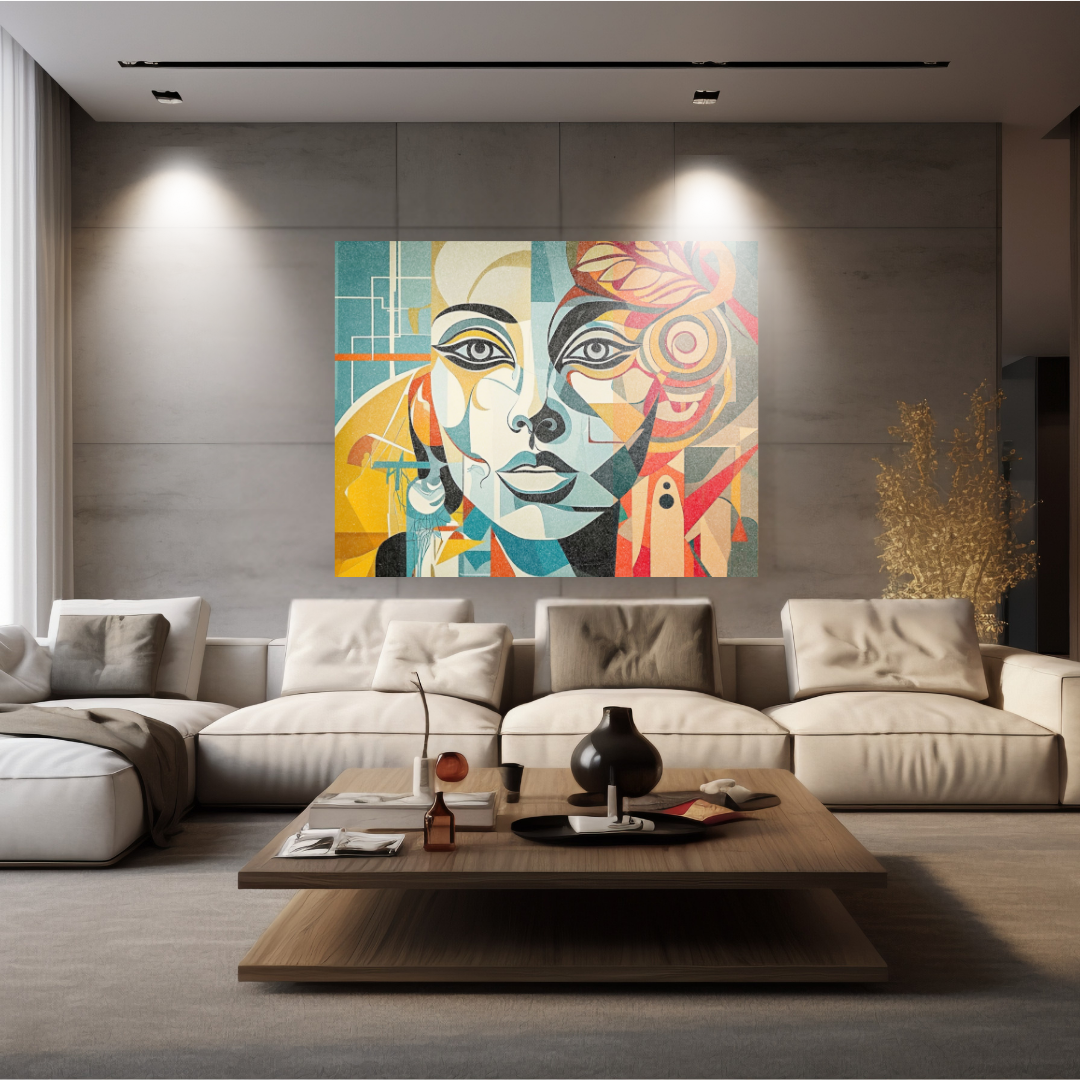 Large cubist abstract portrait canvas wall art featuring a geometric female face in vibrant colors, displayed in a modern living room
