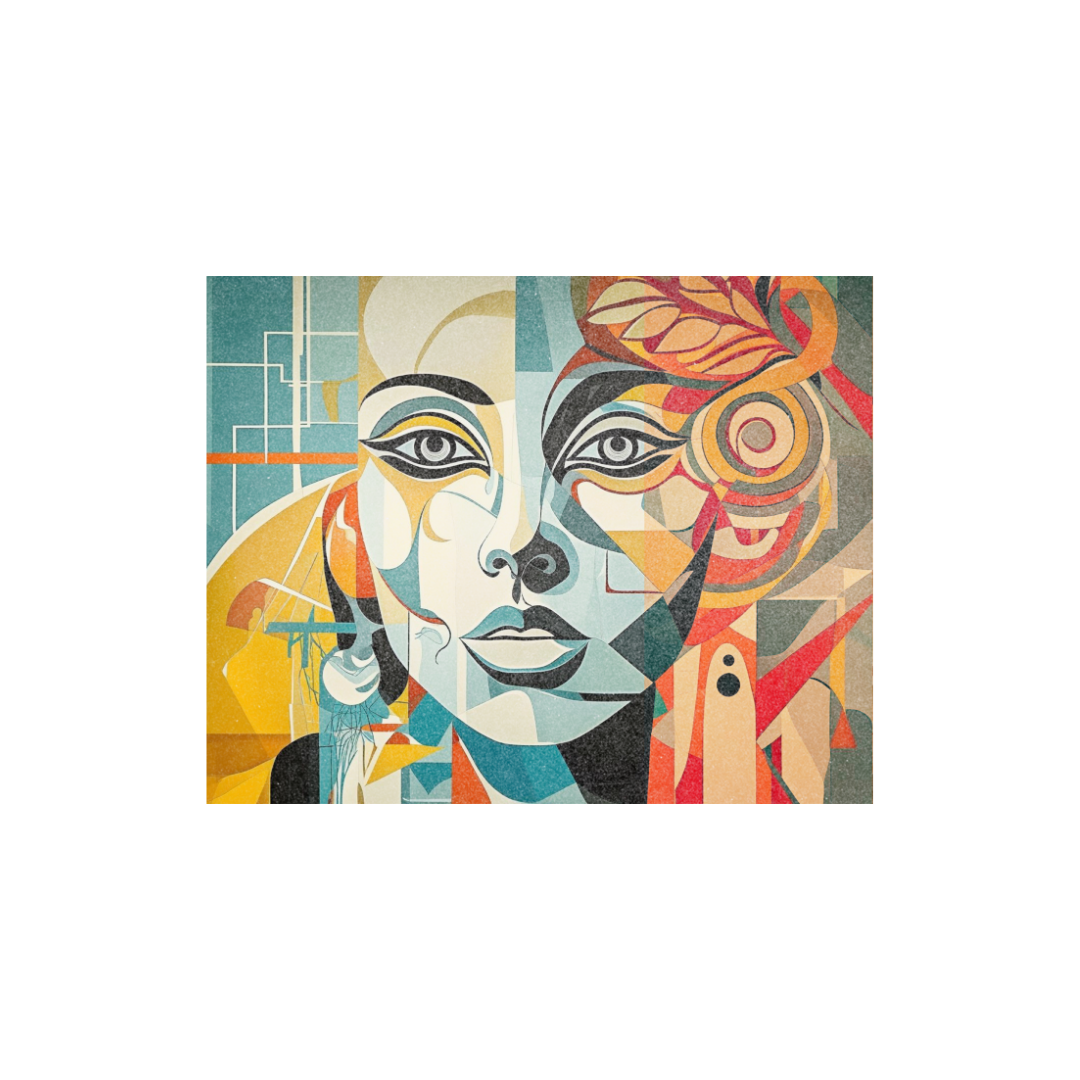 Large cubist abstract portrait canvas wall art featuring a geometric female face in vibrant colors
