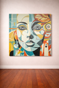 Large square cubist abstract portrait canvas wall art featuring a geometric female face in vibrant colors, displayed in a modern living room
