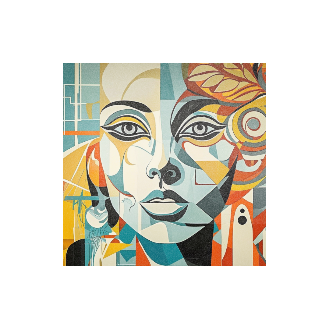 Large square cubist abstract portrait canvas wall art featuring a geometric female face in vibrant colors