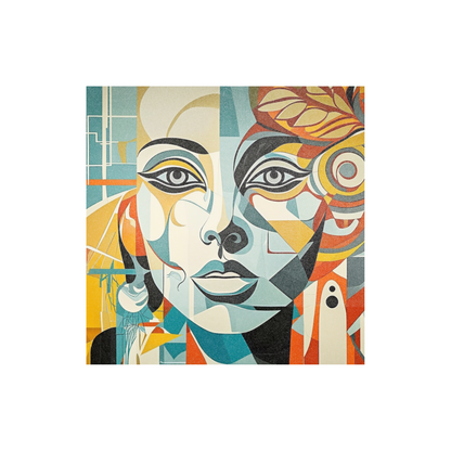 Large square cubist abstract portrait canvas wall art featuring a geometric female face in vibrant colors