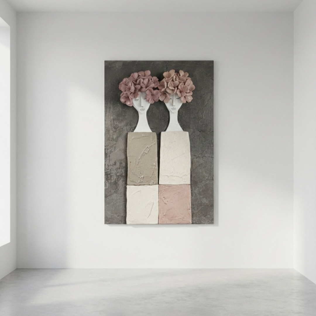 Large figurative floral canvas wall art featuring female forms in soft neutral tones styled in a modern living room
