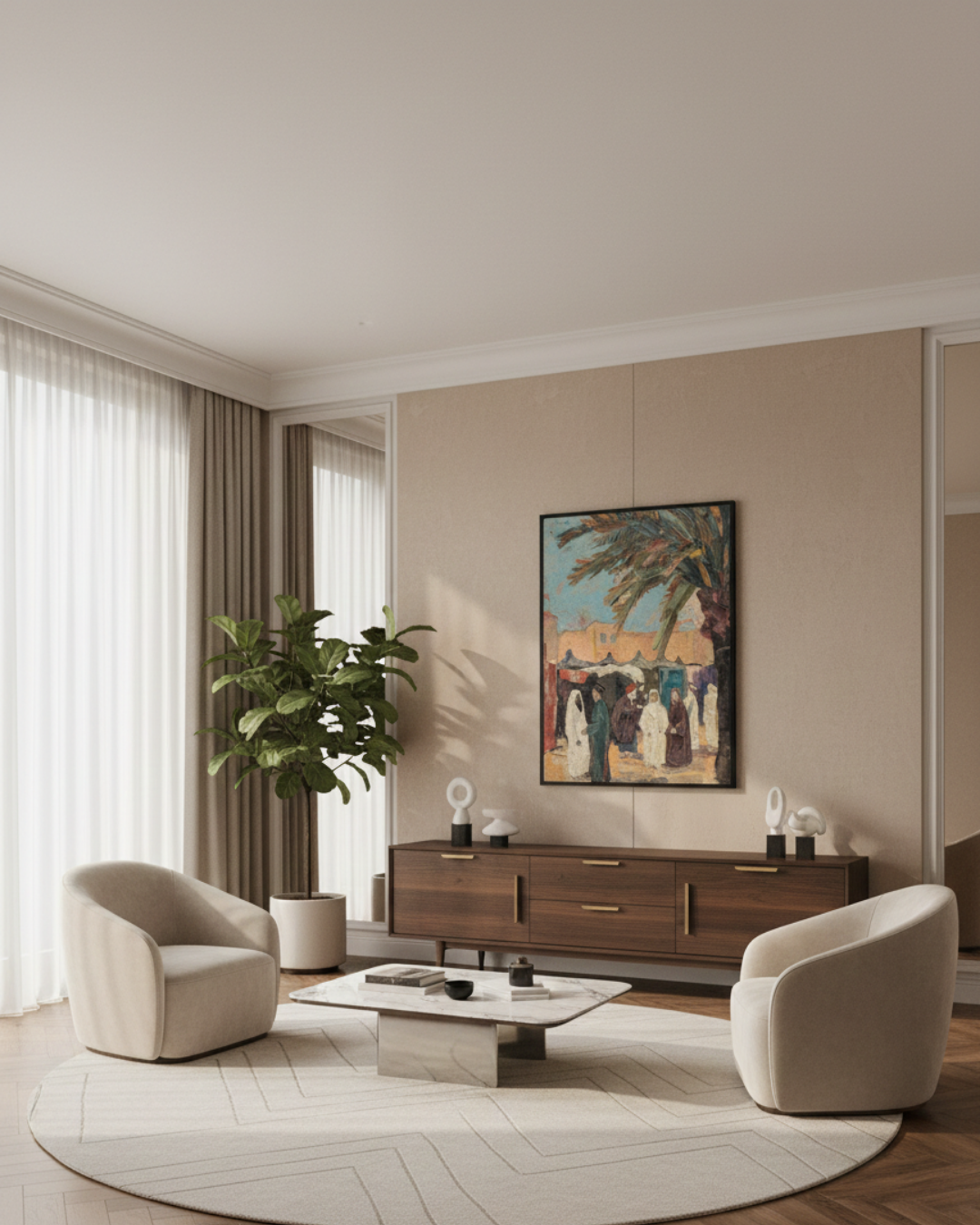Large figurative canvas wall art depicting a traditional market scene with people and palm trees in warm muted tones, styled in a living room
