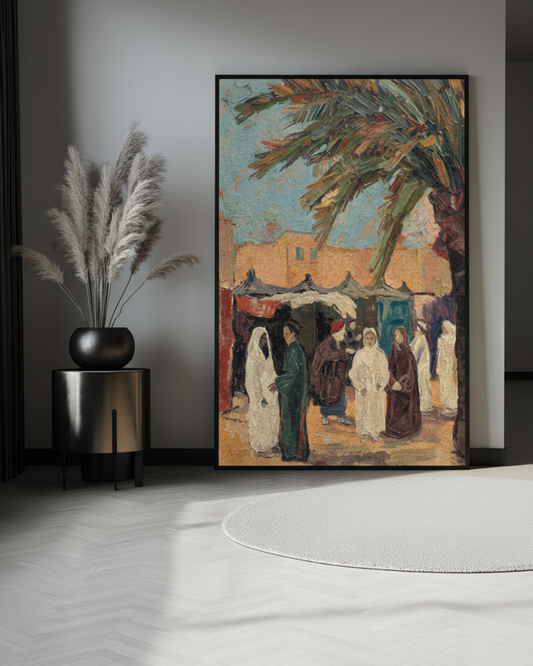 Large figurative canvas wall art depicting a traditional market scene with people and palm trees in warm muted tones, styled on floor in a living room
