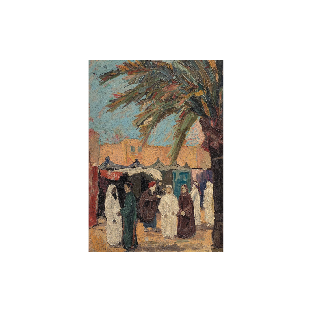Large figurative canvas wall art depicting a traditional market scene with people and palm trees in warm muted tones.