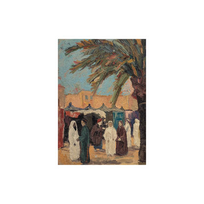 Large figurative canvas wall art depicting a traditional market scene with people and palm trees in warm muted tones.