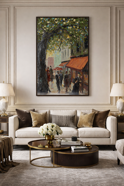 Large impressionist street scene canvas wall art featuring a leafy tree-lined street and people in warm tones, styled in a living room