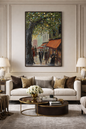 Large impressionist street scene canvas wall art featuring a leafy tree-lined street and people in warm tones, styled in a living room