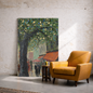 Large impressionist street scene canvas wall art featuring a leafy tree-lined street and people in warm tones, styled in a lounge
