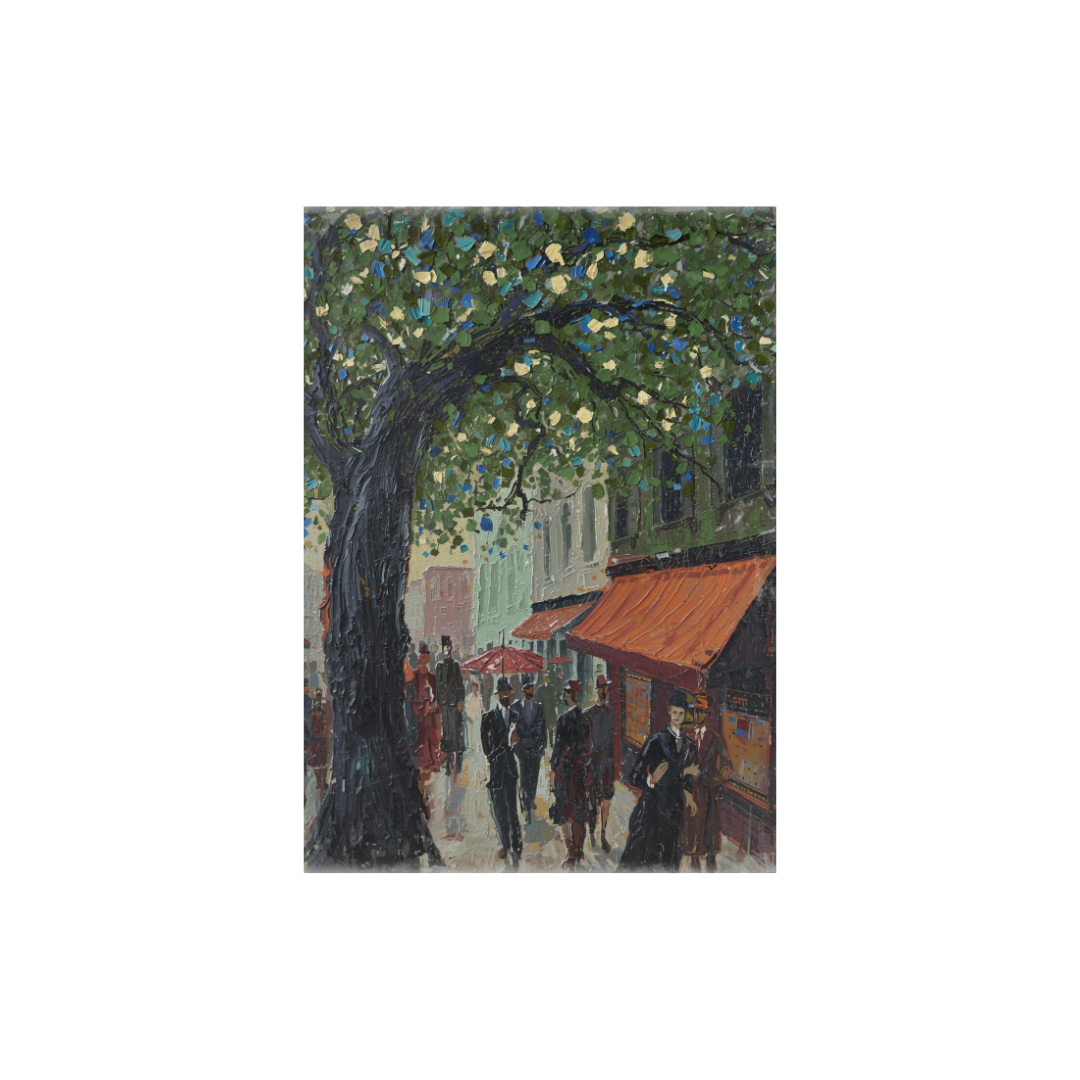 Large impressionist street scene canvas wall art featuring a leafy tree-lined street and people in warm tones

