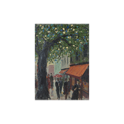 Large impressionist street scene canvas wall art featuring a leafy tree-lined street and people in warm tones
