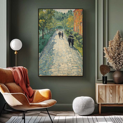Large impressionist framed canvas wall art depicting people walking along a tree-lined path in soft green and neutral tones, styled in a modern living room
