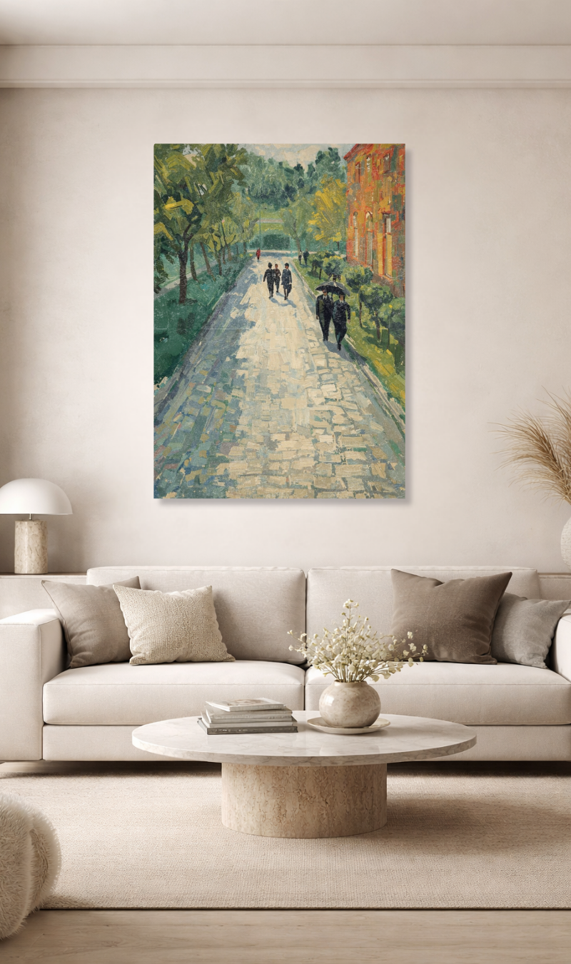 Large impressionist canvas wall art depicting people walking along a tree-lined path in soft green and neutral tones, styled in a modern living room
