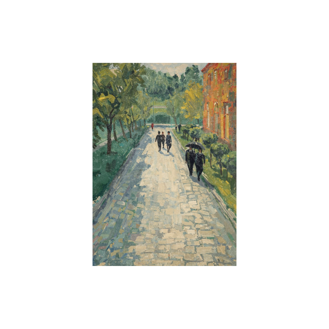 Large impressionist canvas wall art depicting people walking along a tree-lined path in soft green and neutral tones
