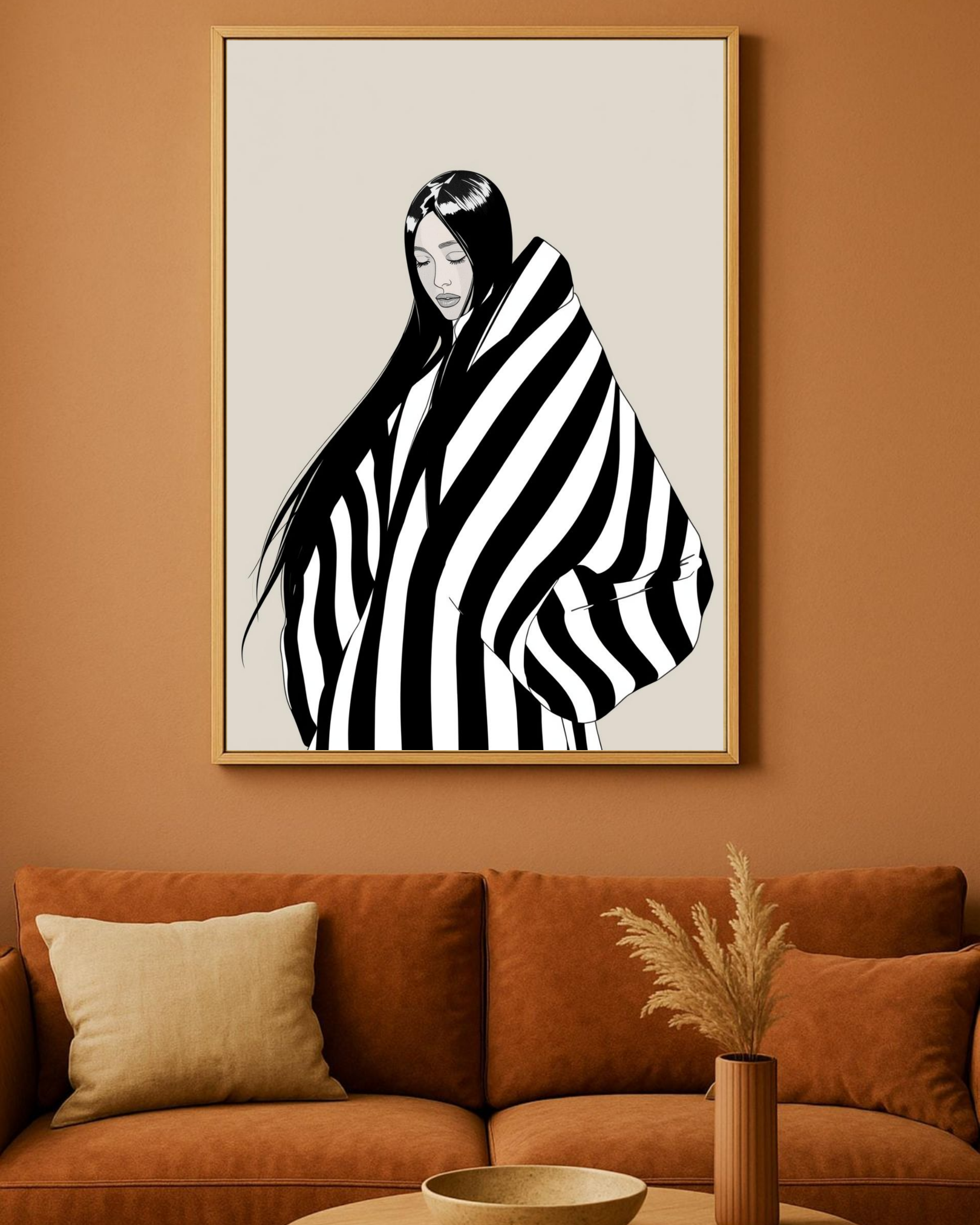 Large minimalist black and white figurative canvas wall art depicting a serene woman wrapped in graphic stripes, styled in a modern living room
