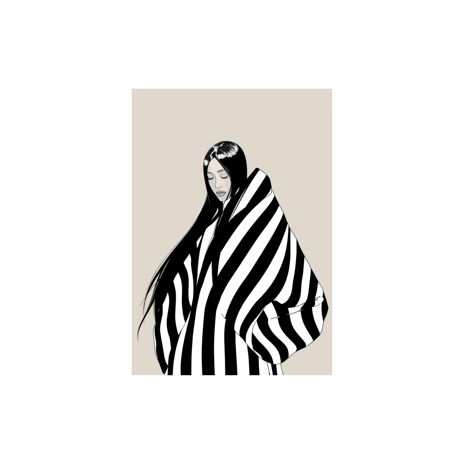 Large minimalist black and white figurative canvas wall art depicting a serene woman wrapped in graphic stripes,
