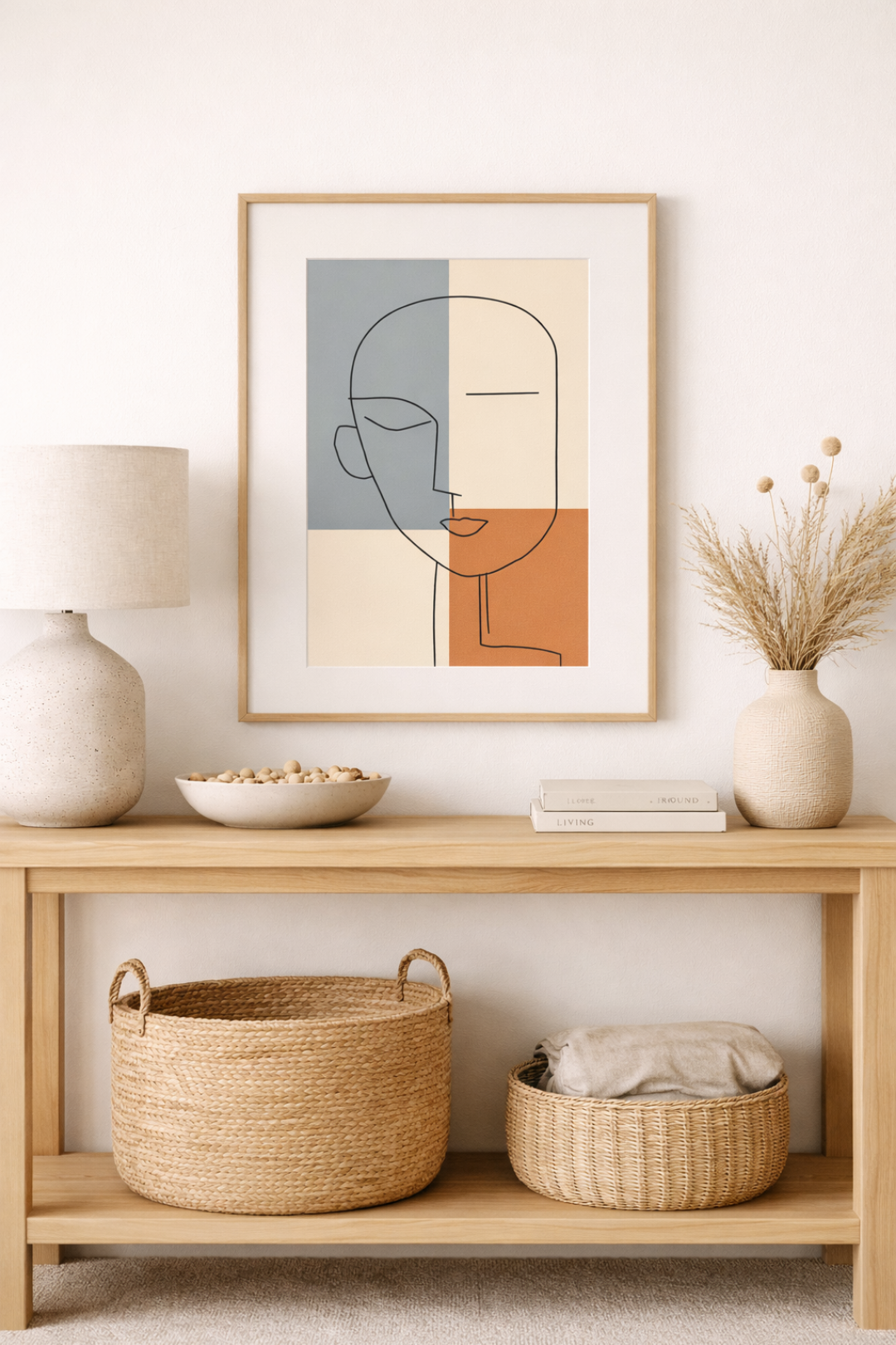 Minimalist framed abstract line art with soft neutral and terracotta tones displayed above a console