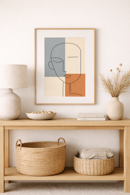 Minimalist framed abstract line art with soft neutral and terracotta tones displayed above a console