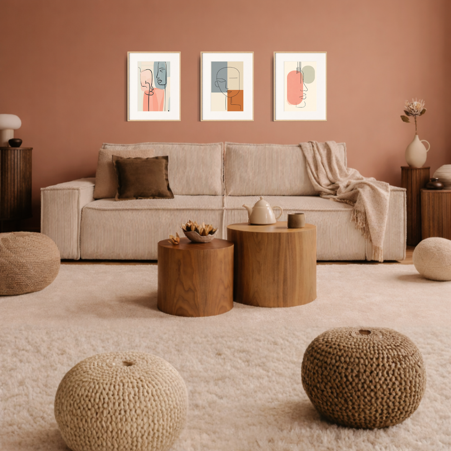 Minimalist abstract line art triptych wall art with soft neutral and terracotta tones displayed above a modern sofa