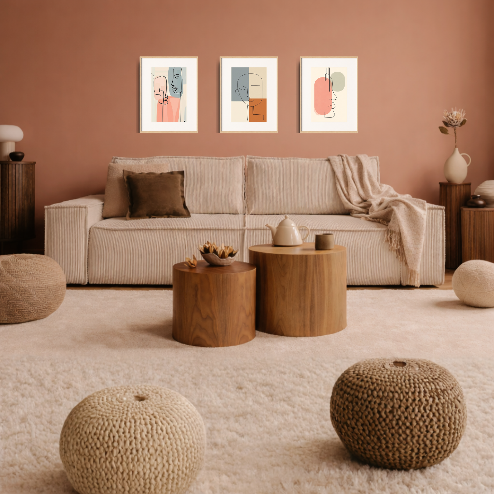 Minimalist abstract line art triptych wall art with soft neutral and terracotta tones displayed above a modern sofa