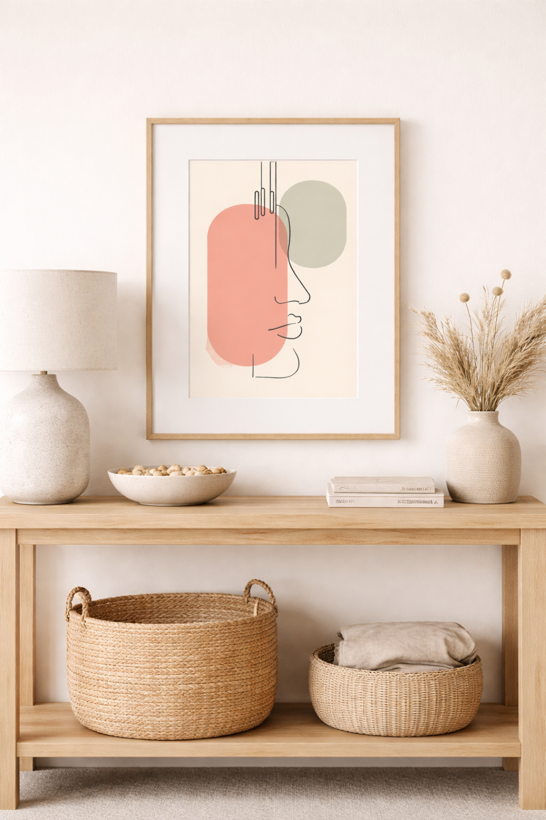 Minimalist framed abstract line art with soft neutral and terracotta tones displayed above a console
