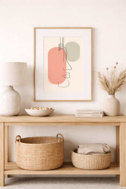 Minimalist framed abstract line art with soft neutral and terracotta tones displayed above a console