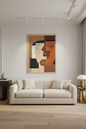 Silent Geometry abstract portrait canvas displayed in modern minimalist living room interior.