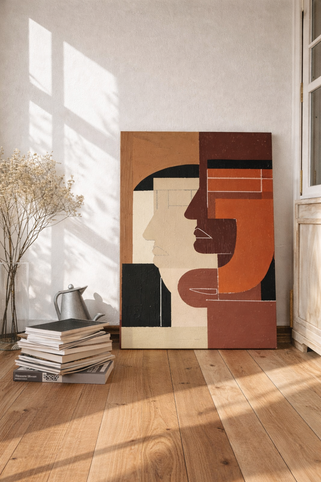 Silent Geometry abstract portrait canvas displayed in modern minimalist living room interior.
