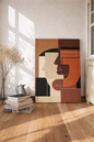 Silent Geometry abstract portrait canvas displayed in modern minimalist living room interior.