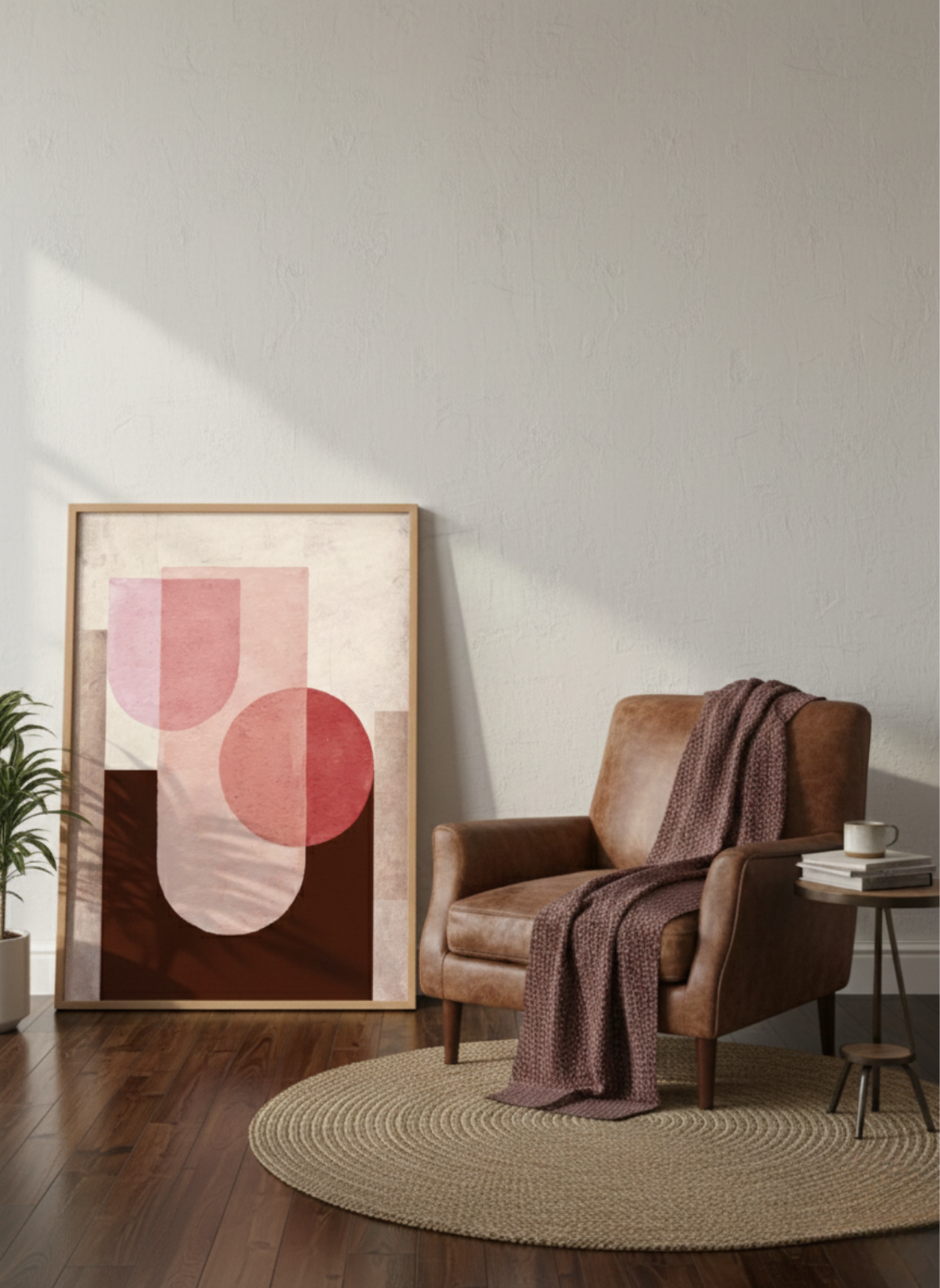 Minimal abstract wall art with soft geometric shapes in warm neutral tones displayed in a modern living room