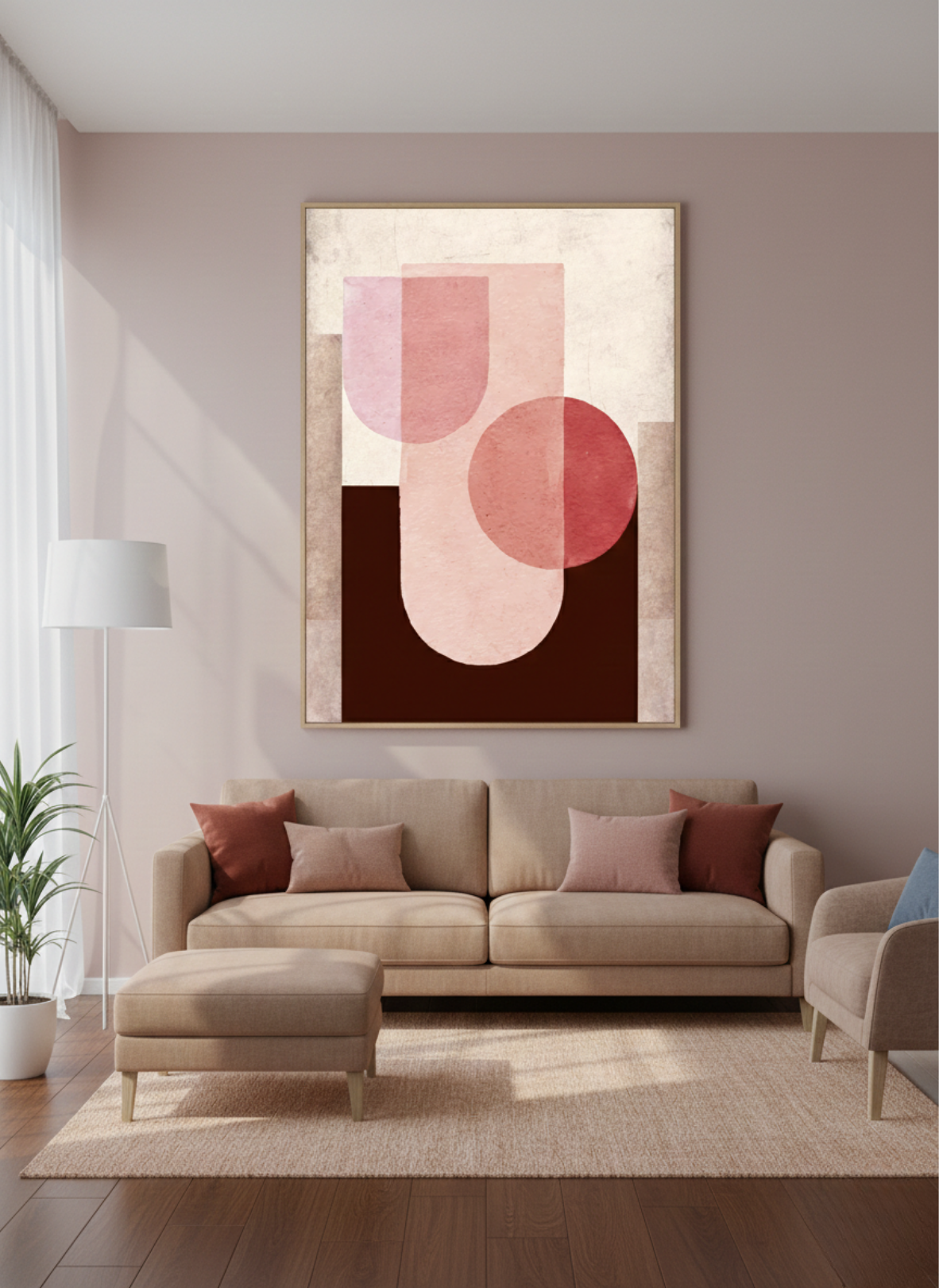 Contemporary living room featuring neutral abstract canvas art with blush and terracotta tones