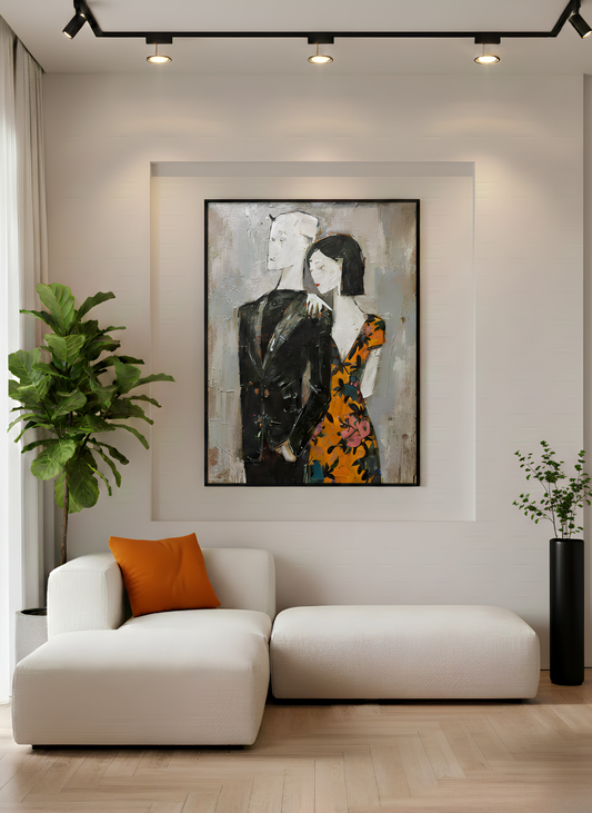 Modern abstract couple canvas wall art in textured neutral tones with warm amber accents in contemporary interior.
