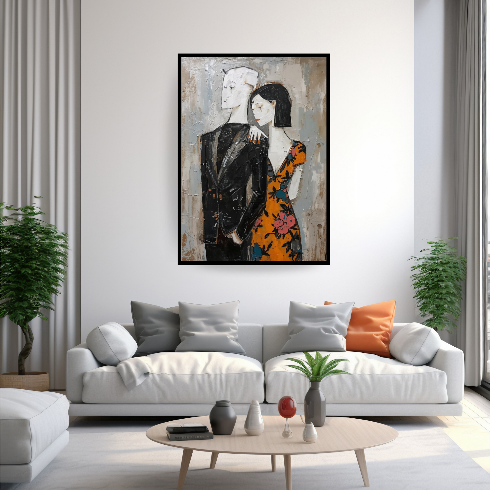 Modern abstract couple canvas wall art in textured neutral tones with warm amber accents in contemporary interior.