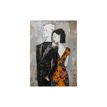Modern abstract couple canvas wall art in textured neutral tones with warm amber accents.