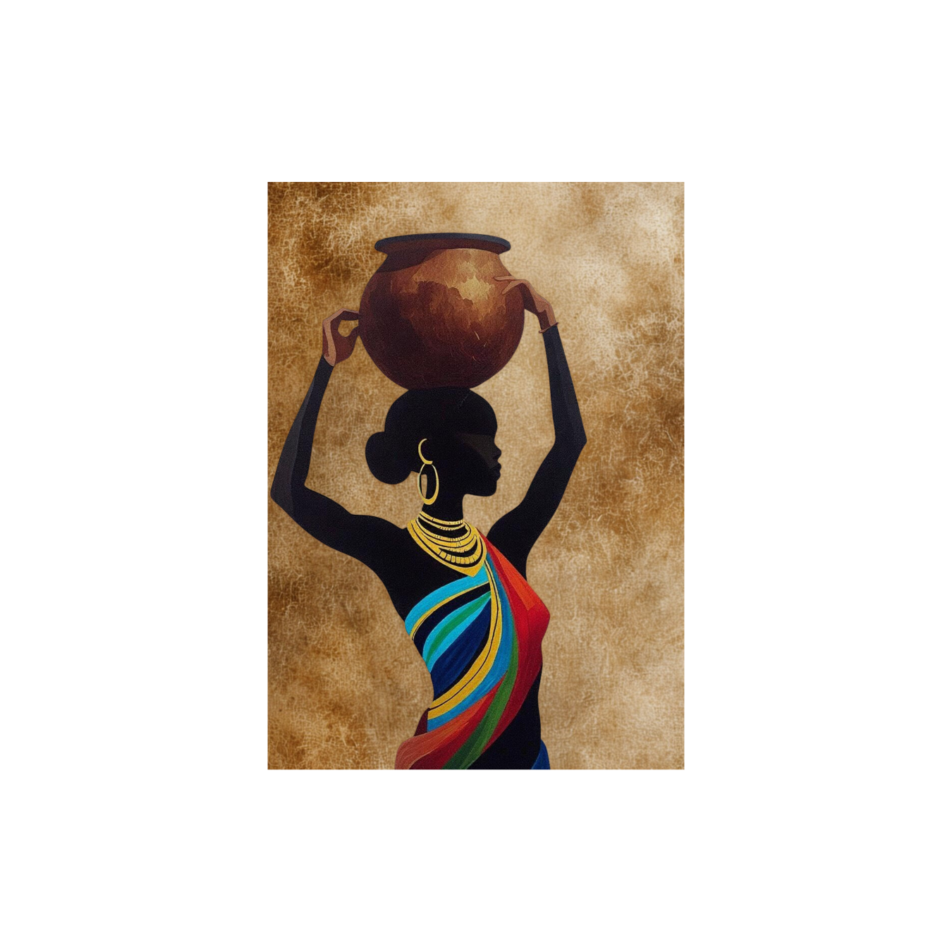 African woman silhouette wall art canvas with colorful draped fabric and golden textured background