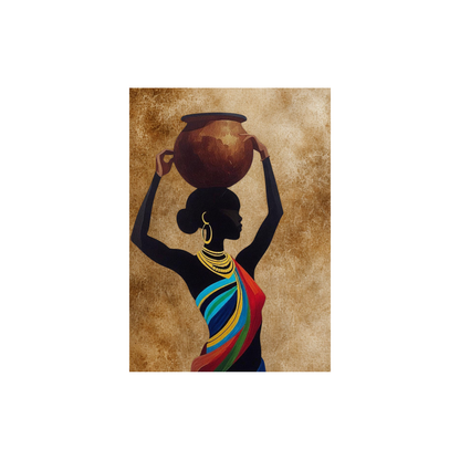 African woman silhouette wall art canvas with colorful draped fabric and golden textured background