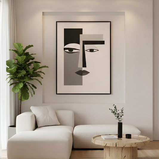 Minimal abstract face wall art in black and beige geometric design displayed in modern living room.