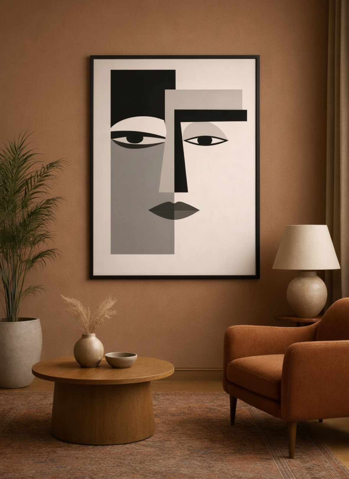 Minimal abstract face wall art in black and beige geometric design displayed in modern living room.