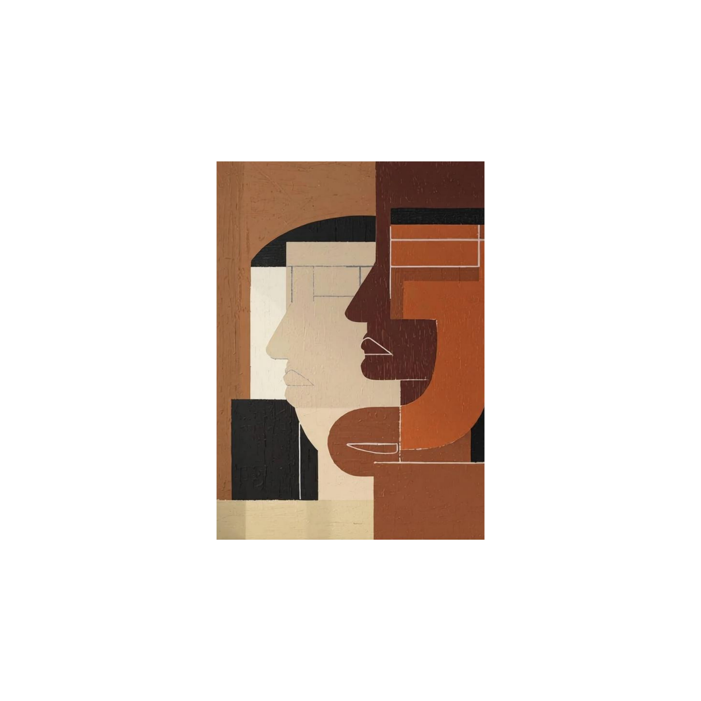 Contemporary abstract portrait canvas wall art in warm brown, beige and terracotta geometric composition.