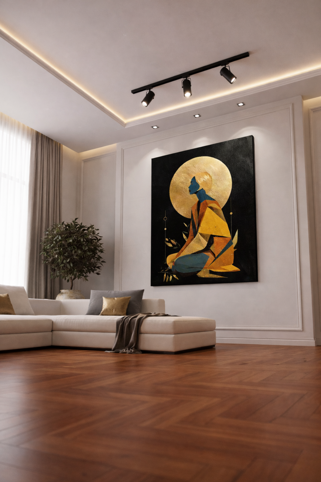 Modern living room with a large geometric  art on the wall.