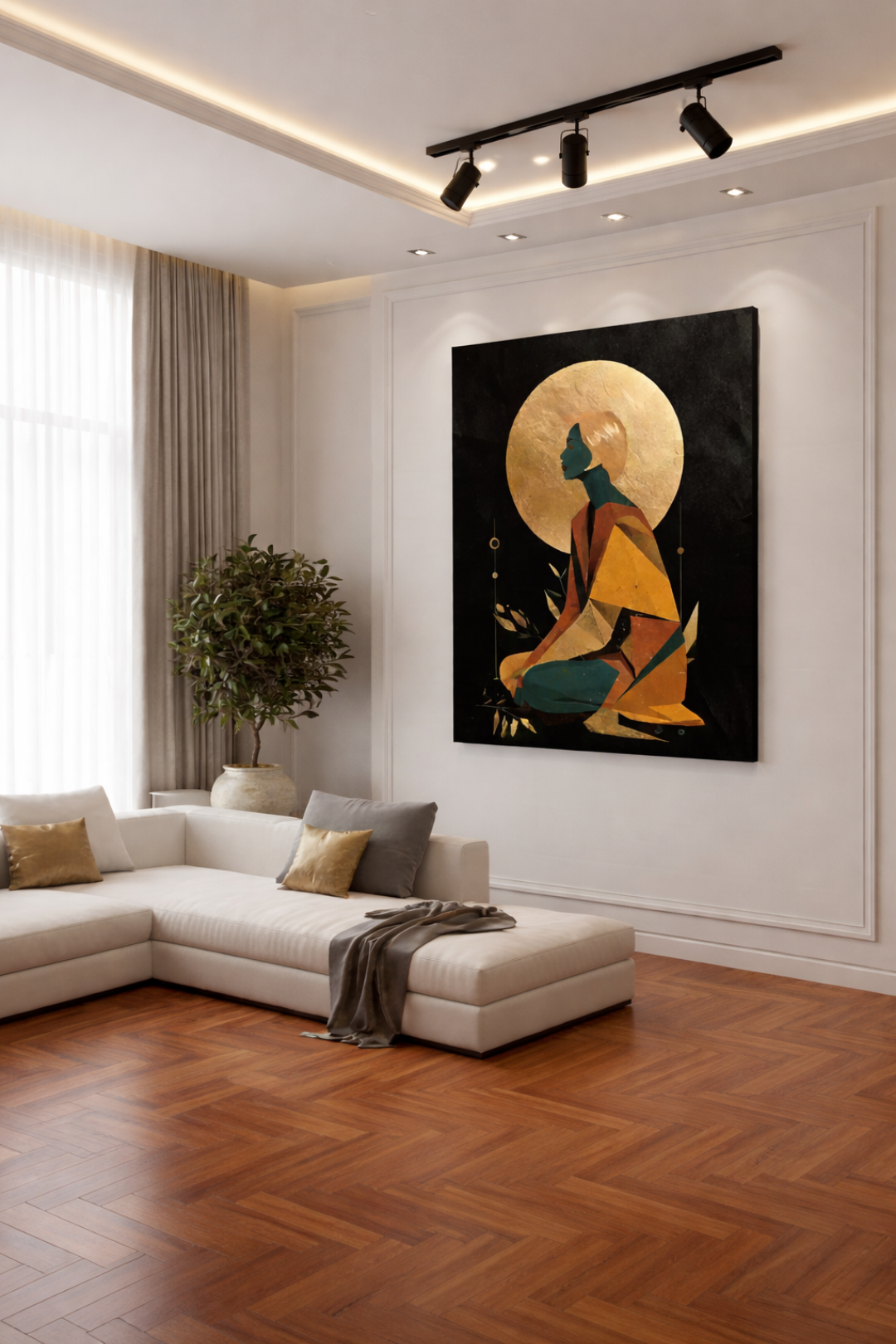 Modern living room with a large wall art piece of a woman in a cat sitting on a moonlit background.