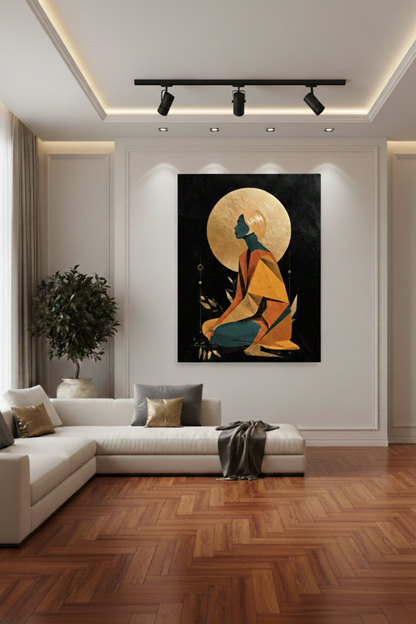 Modern geometric portrait wall art with gold halo on black background, luxury contemporary canvas artwork, in a luxury living room